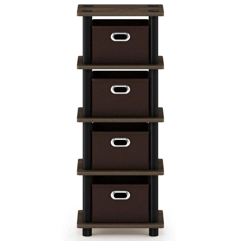 HOMLUX 5-Tier Tall Corner Open Bookshelf with 4 Storage Bins in Columbia Walnut and Black, , large