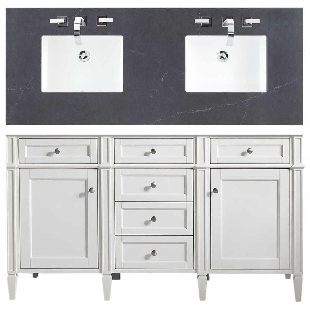 James Martin Vanities Brittany 60" Double Bathroom Vanity in Bright White with 3 cm Charcoal Soapstone Quartz Top, , large