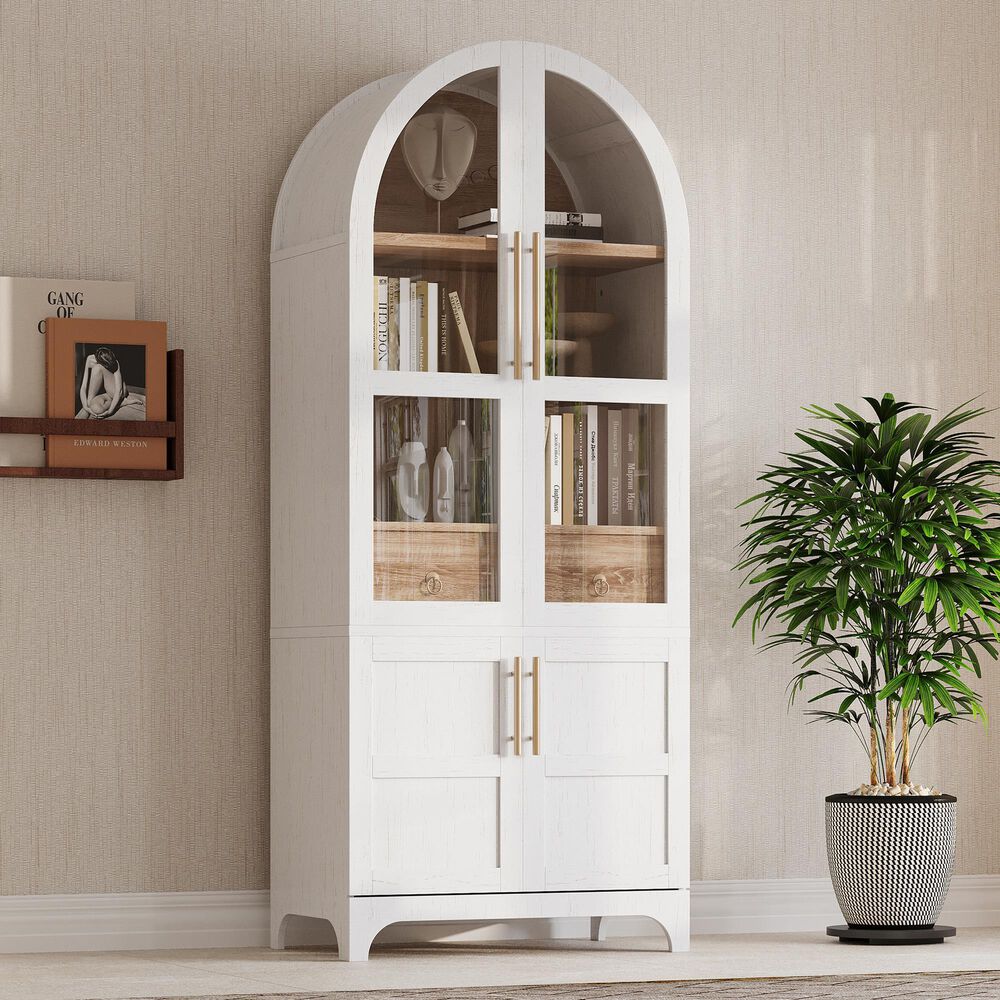 HOMLUX 71" Tall Arched Kitchen Pantry Cabinet with Door Shelves, Farmhouse Kitchen Storage Cabinet with Open &amp; Adjustable Shelves, Hidden Drawer &amp; Glass Door, Cupboard for Kitchen, Dining Room, White, , large