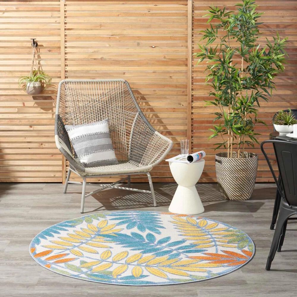 Nourison Aloha ALH18 5&#39;3&quot; Round Ivory and Multicolor Indoor/Outdoor Area Rug, , large