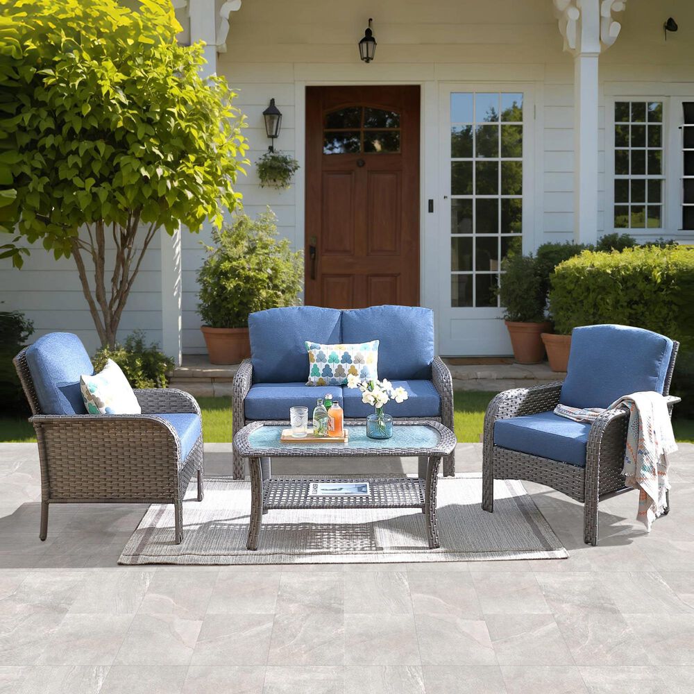 HOMLUX 4-Piece Patio Conversation Set with Grey Wicker in Denim Blue, , large