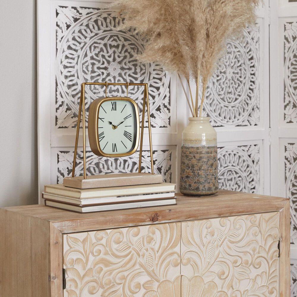 Maple and Jade Pendulum Decorative Table Clock with Wood Base in Satin Gold and Brown, , large