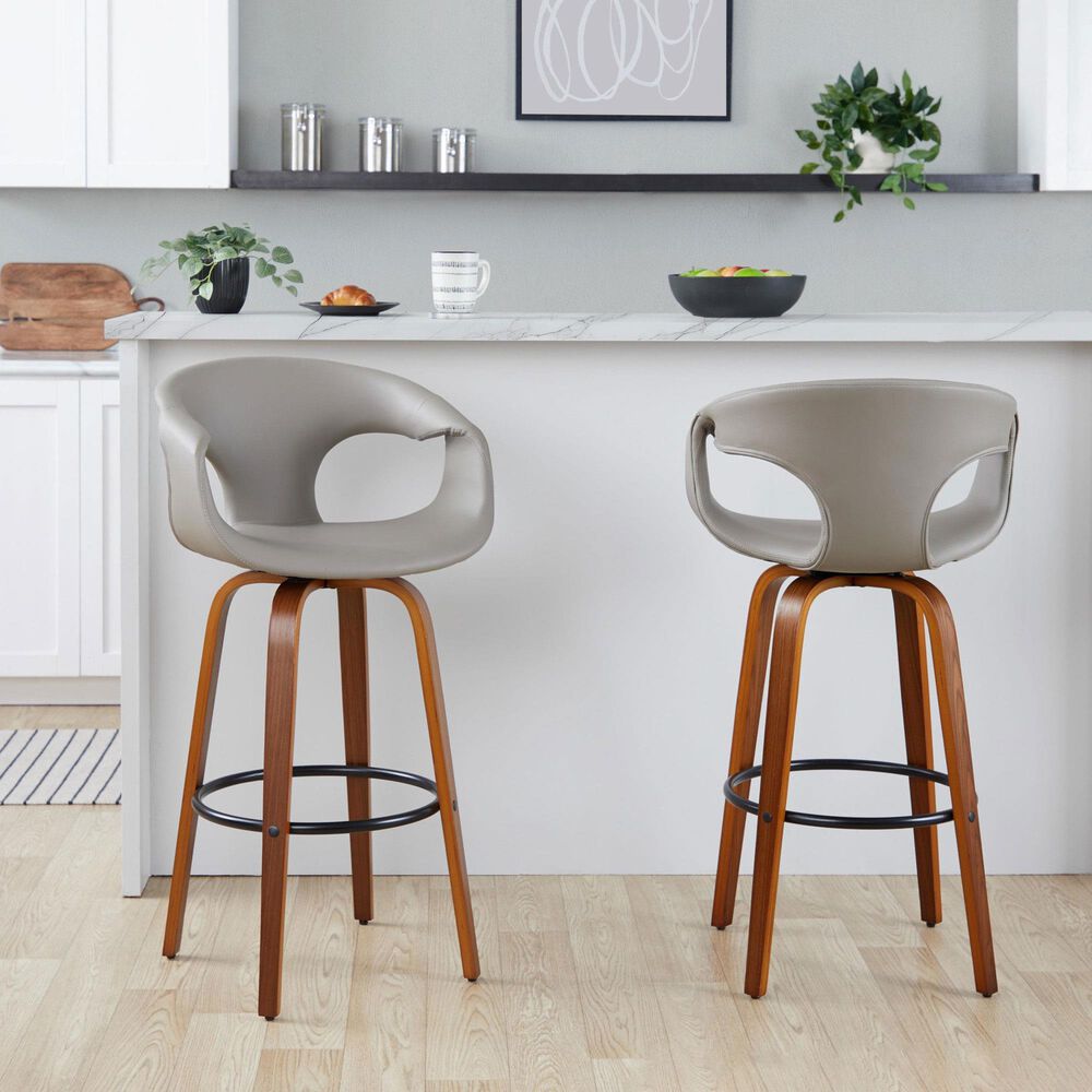 LumiSource Curva 30" Swivel Barstool with Light Grey Upholstery in Walnut and Black (Set of 2), , large