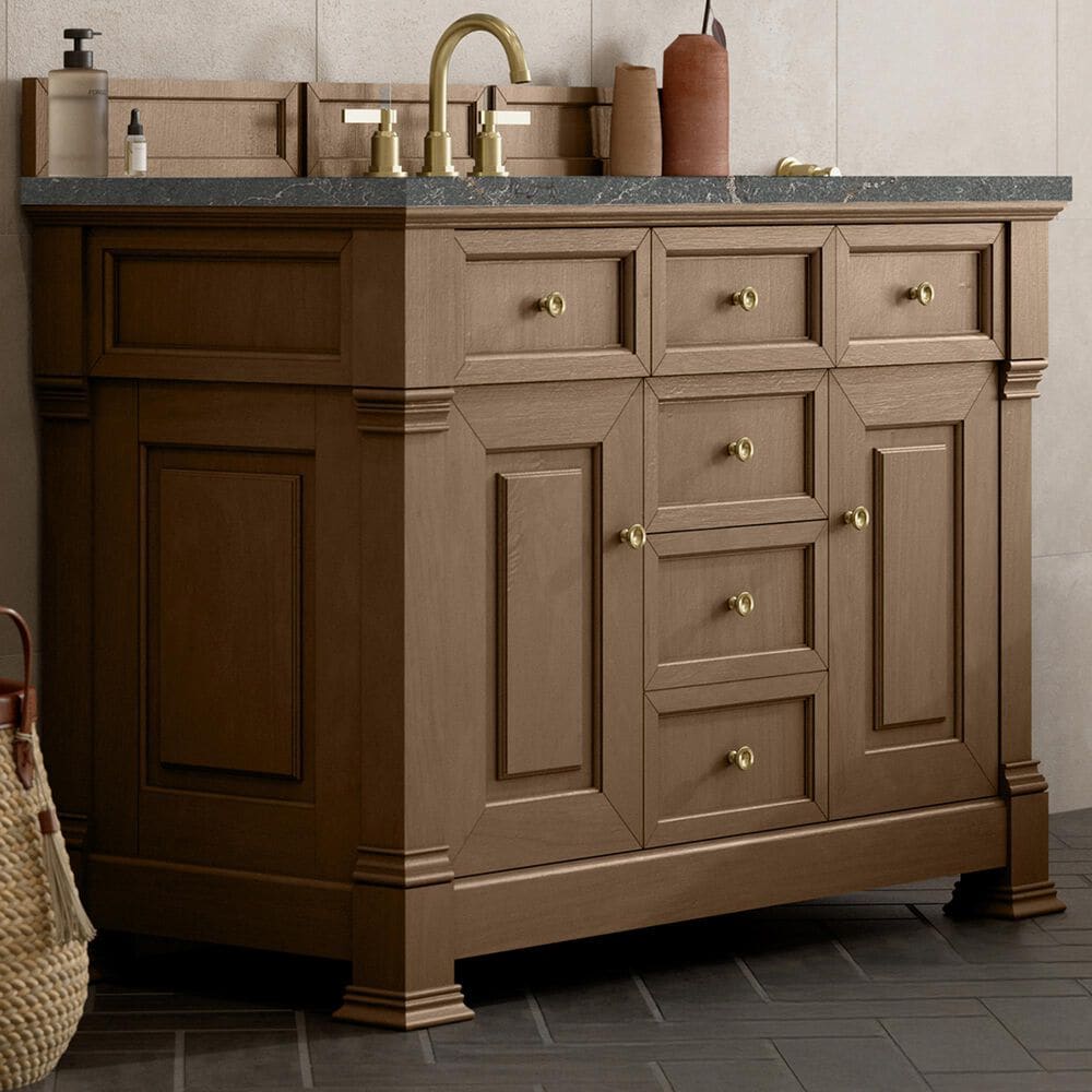 James Martin Vanities Brookfield 48" Single Bathroom Vanity in Pecan with 3 cm Parisien Bleu Quartz Top and Rectangular Sink, , large