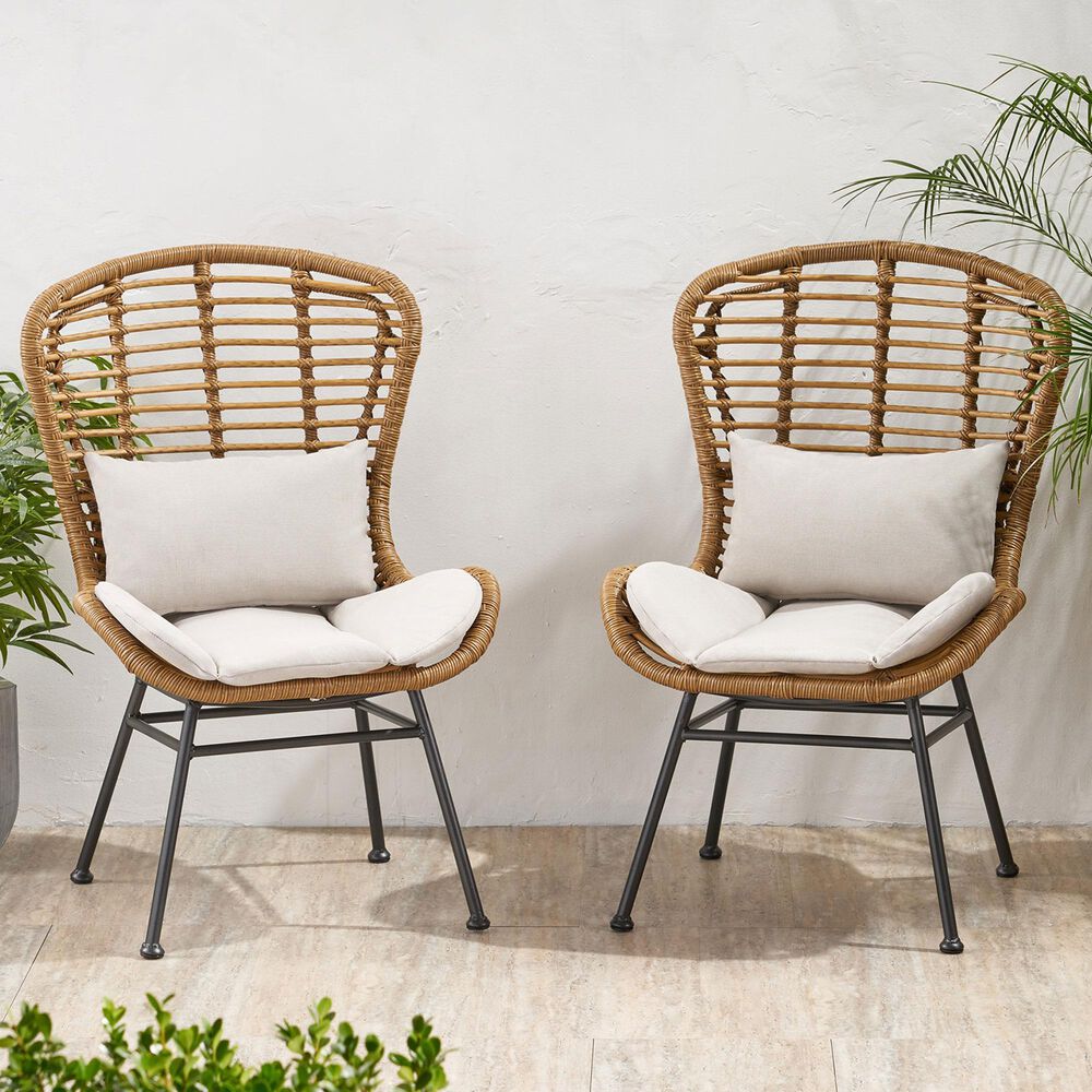 Hearth and Haven Frazer Patio Rattan Chair with Beige Cushion in Brown &#40;Set of 2&#41;, , large