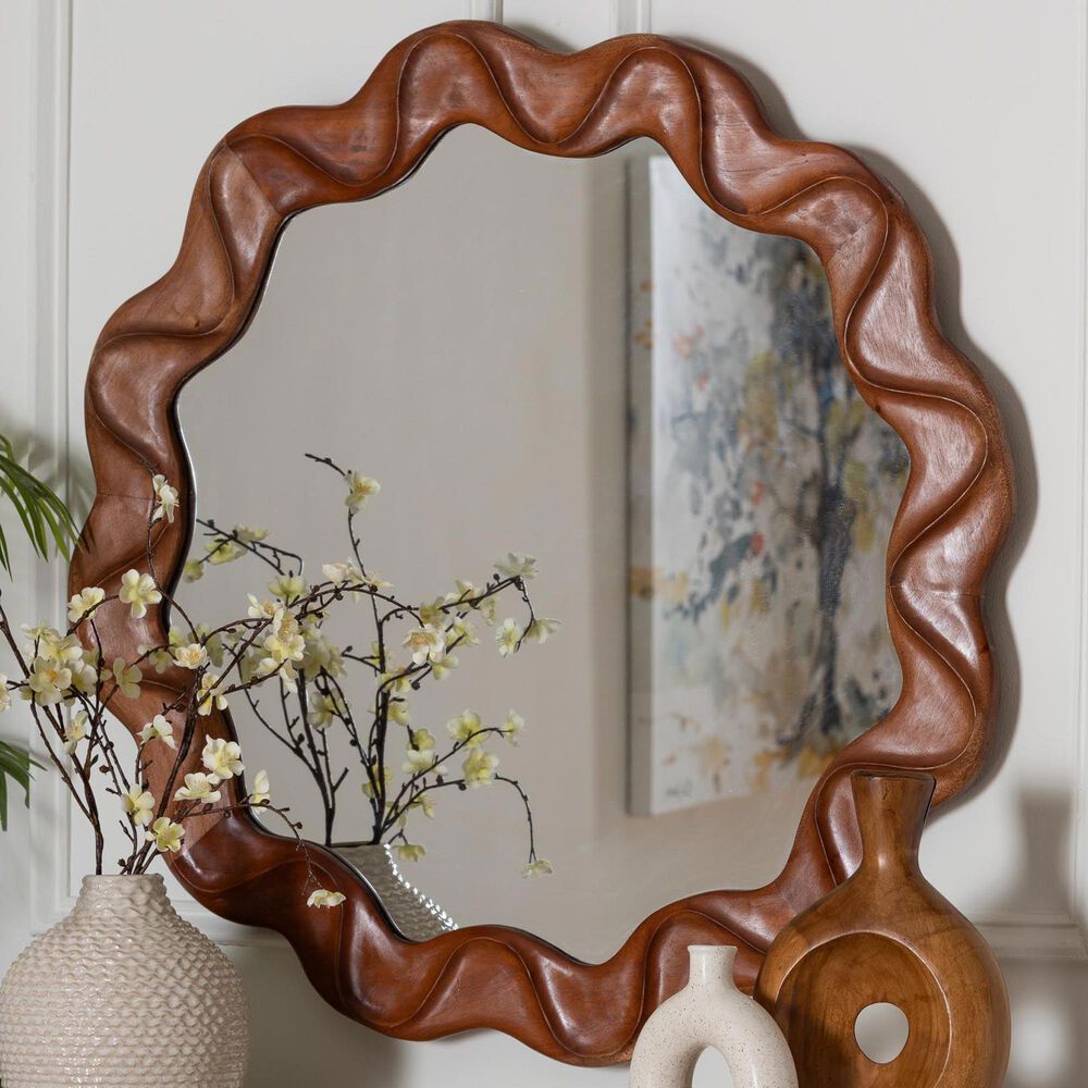 Baxton Studio Bahati Sculpted Wavy Round Wall Mirror in Mahogany Brown, , large