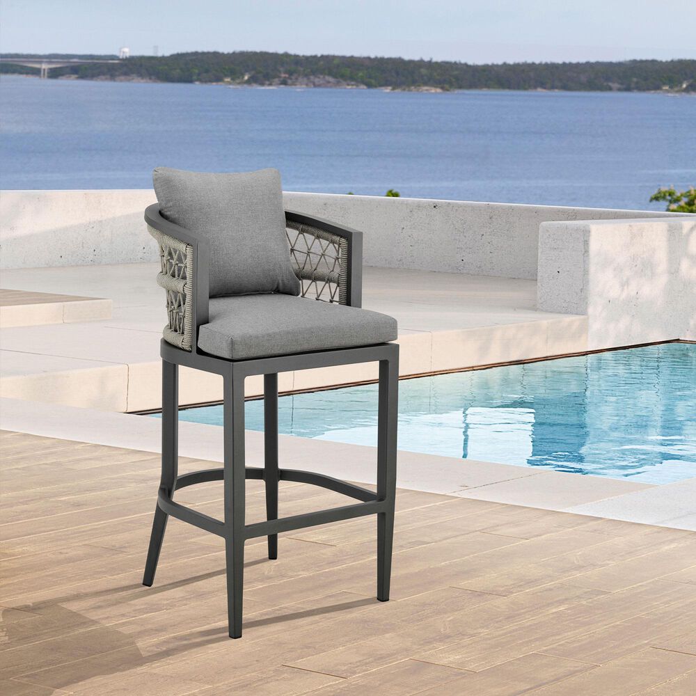 Armen Living Zella Patio Bar Stool with Earl Gray Cushion in Gray, , large