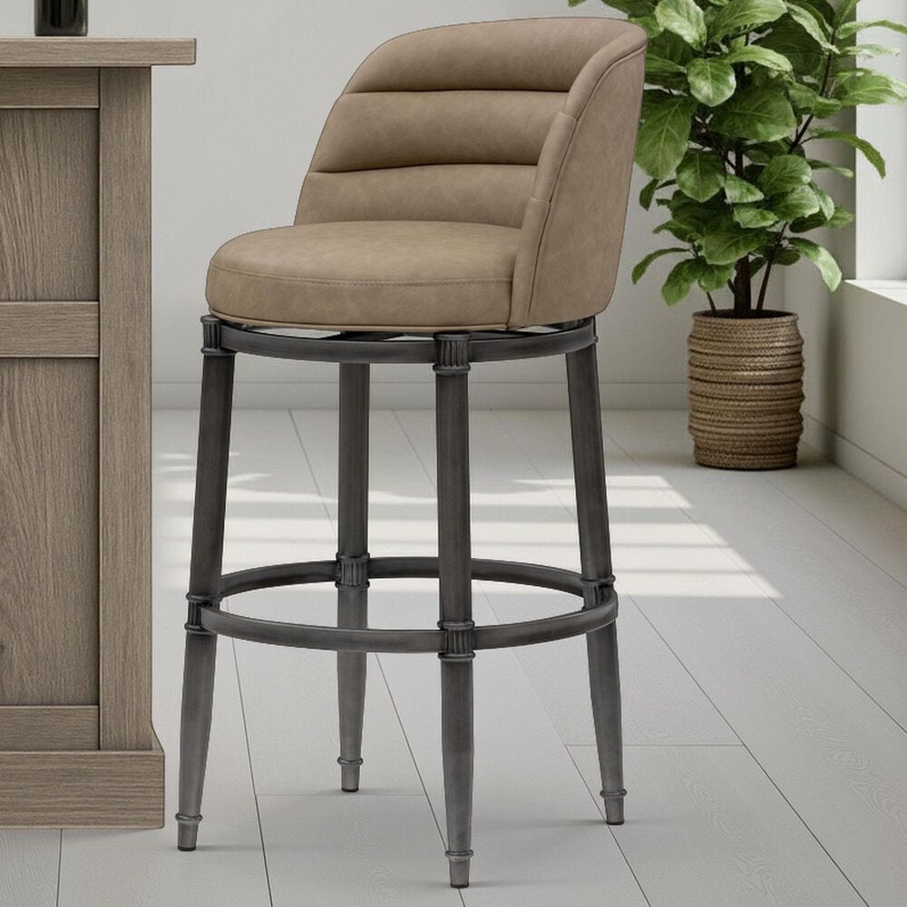 Armen Living Eunice Swivel Bar Height Stool with Mushroom Brown Upholstery in Antique Pewter, , large