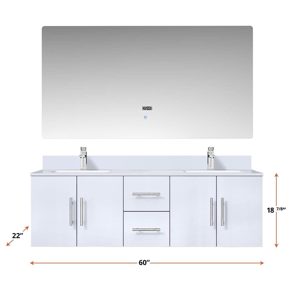 Lexora Home Geneva 60&quot; Double Bathroom Vanity in Dark Grey with 2 cm White Cultured Marble Top, Rectangular Sinks and 60&quot; LED Mirror, , large