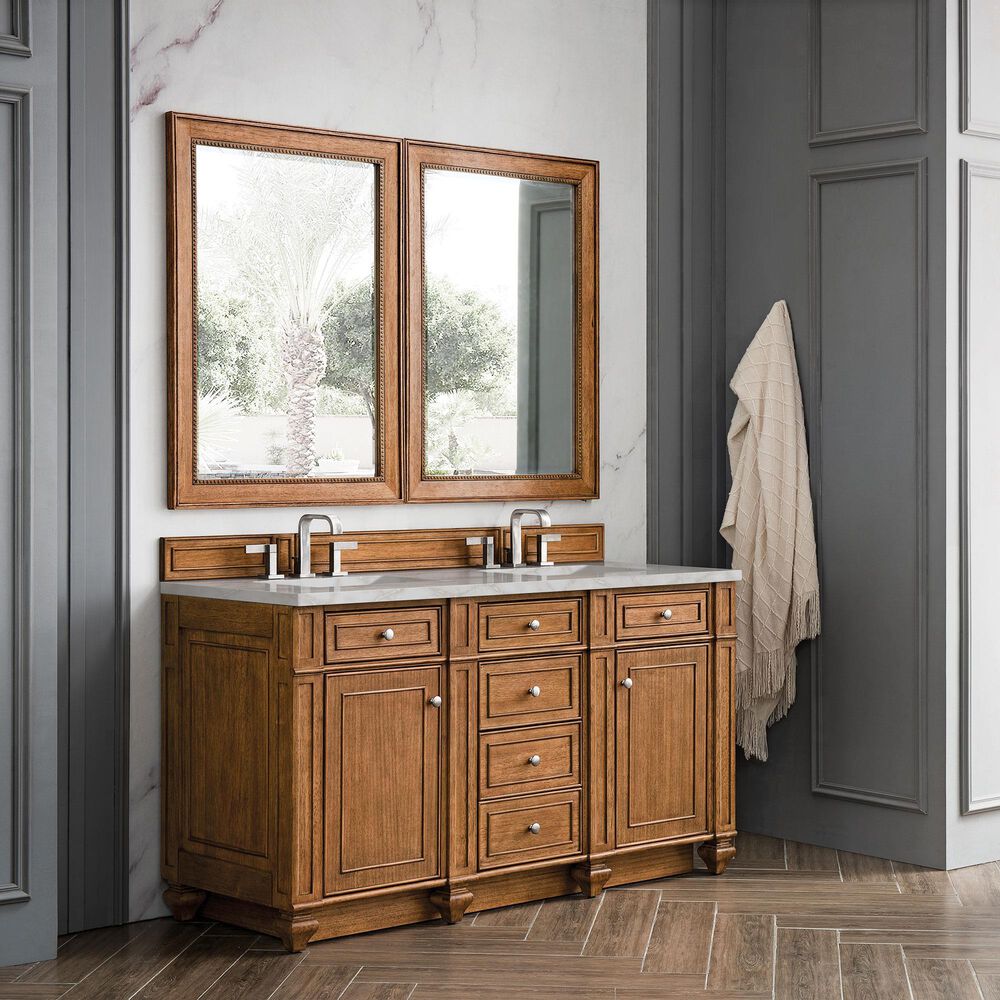 James Martin Vanities Bristol 60" Double Bathroom Vanity in Saddle Brown with 3 cm Eternal Jasmine Pearl Silestone Top, Rectangular Sinks and FreePower Wireless Charger, , large