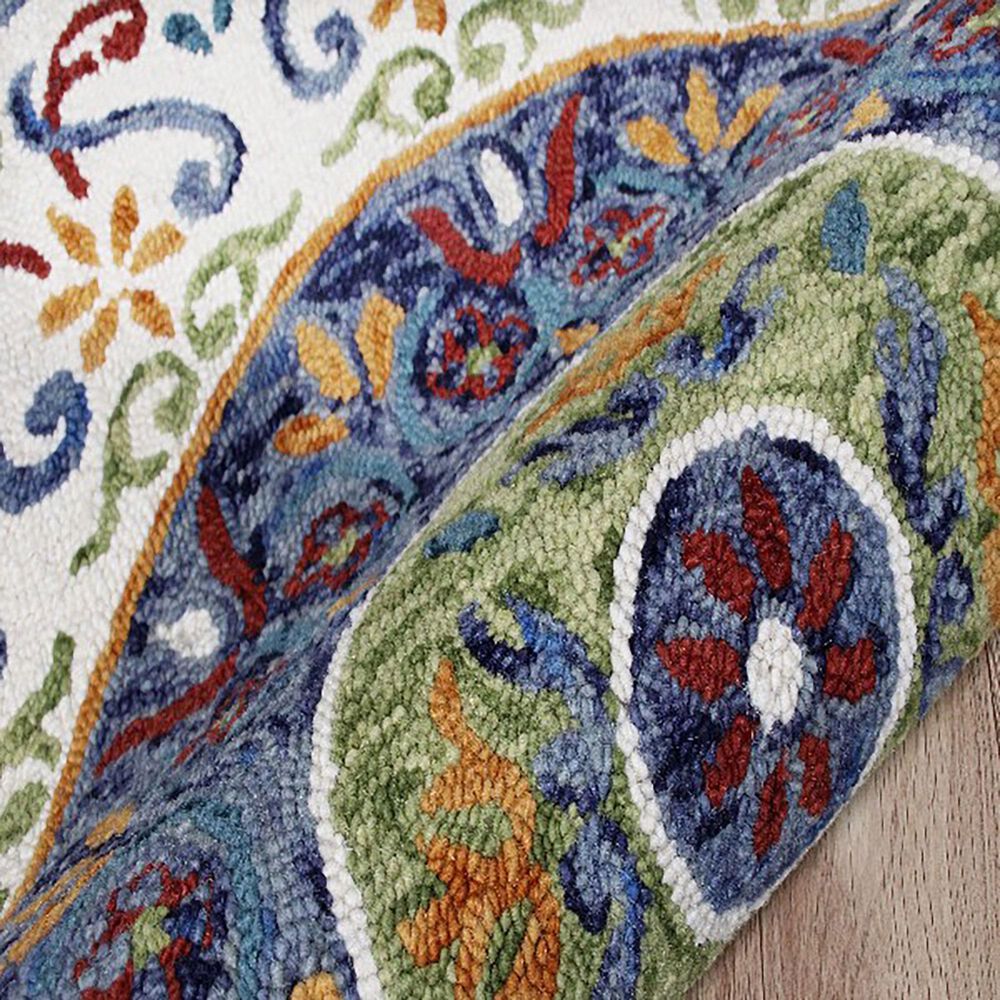 L&amp;R Resources Sinuous Floral Medallion Mosaic 4&#39; Round White, Green, Blue, Red and Orange Area Rug, , large