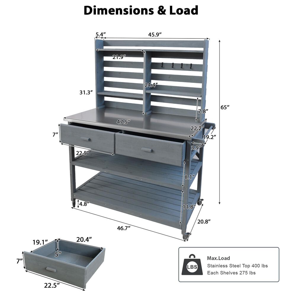 HOMLUX 65" Outdoor Potting Bench Table in Grey, , large