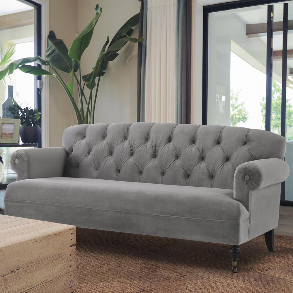 Jennifer Taylor Home Mackenzie Tufted Rolled Arm Sofa Metal Casters in Opal Grey, , large