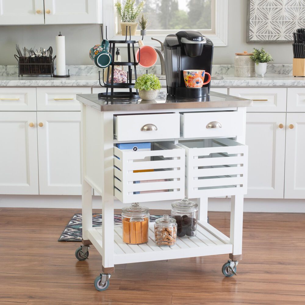 Linon Home Decor Robbin Kitchen Cart in White and Stainless Steel, , large