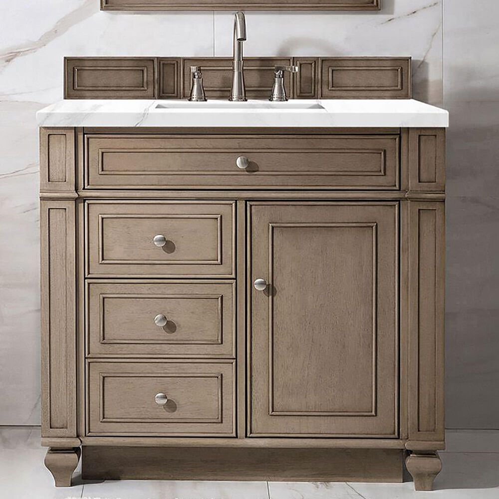James Martin Vanities Bristol 36&quot; Single Bathroom Vanity in Whitewashed Walnut with 3 cm Carrara White Marble Top and Rectangular Sink, , large