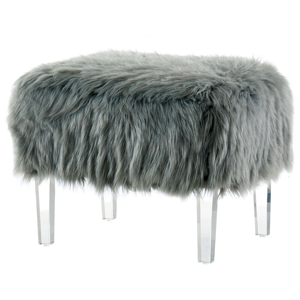 Furniture of America Scherrer Stationary Faux Fur Ottoman in Grey, , large