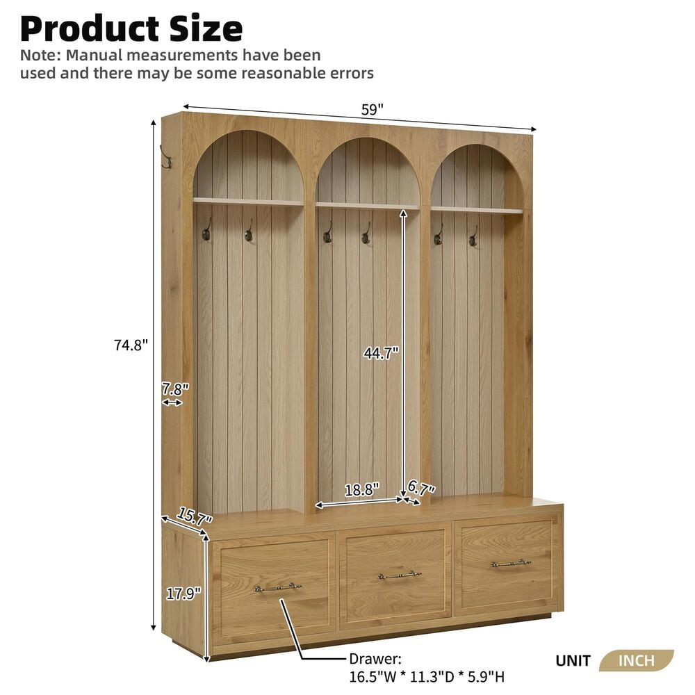 GigaCloud Wooden Hall Tree with Arched Design and Drawers in Natural and Oak, , large