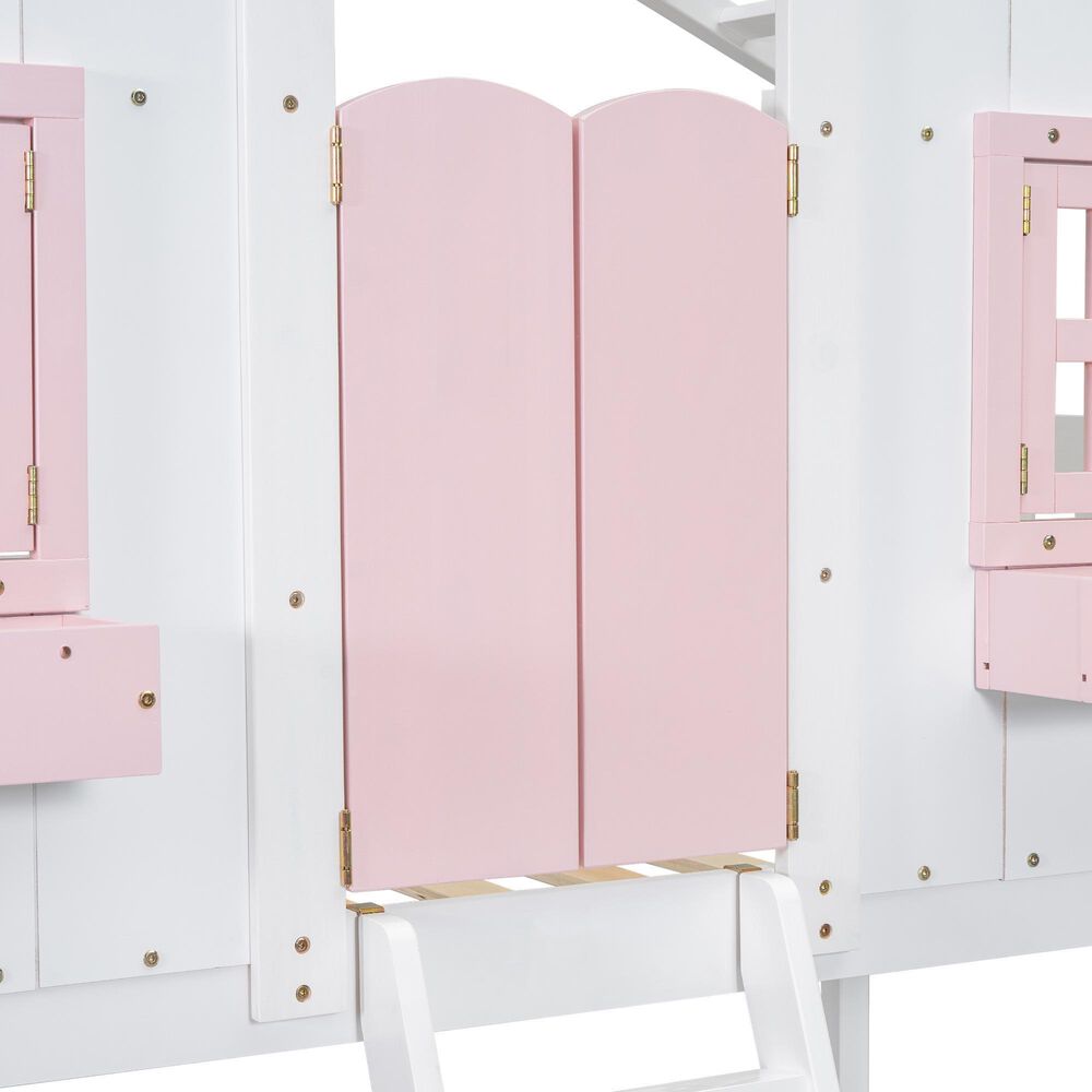 Hearth and Haven Twin over Twin House Bunk Bed with Roof in Pink and White, , large