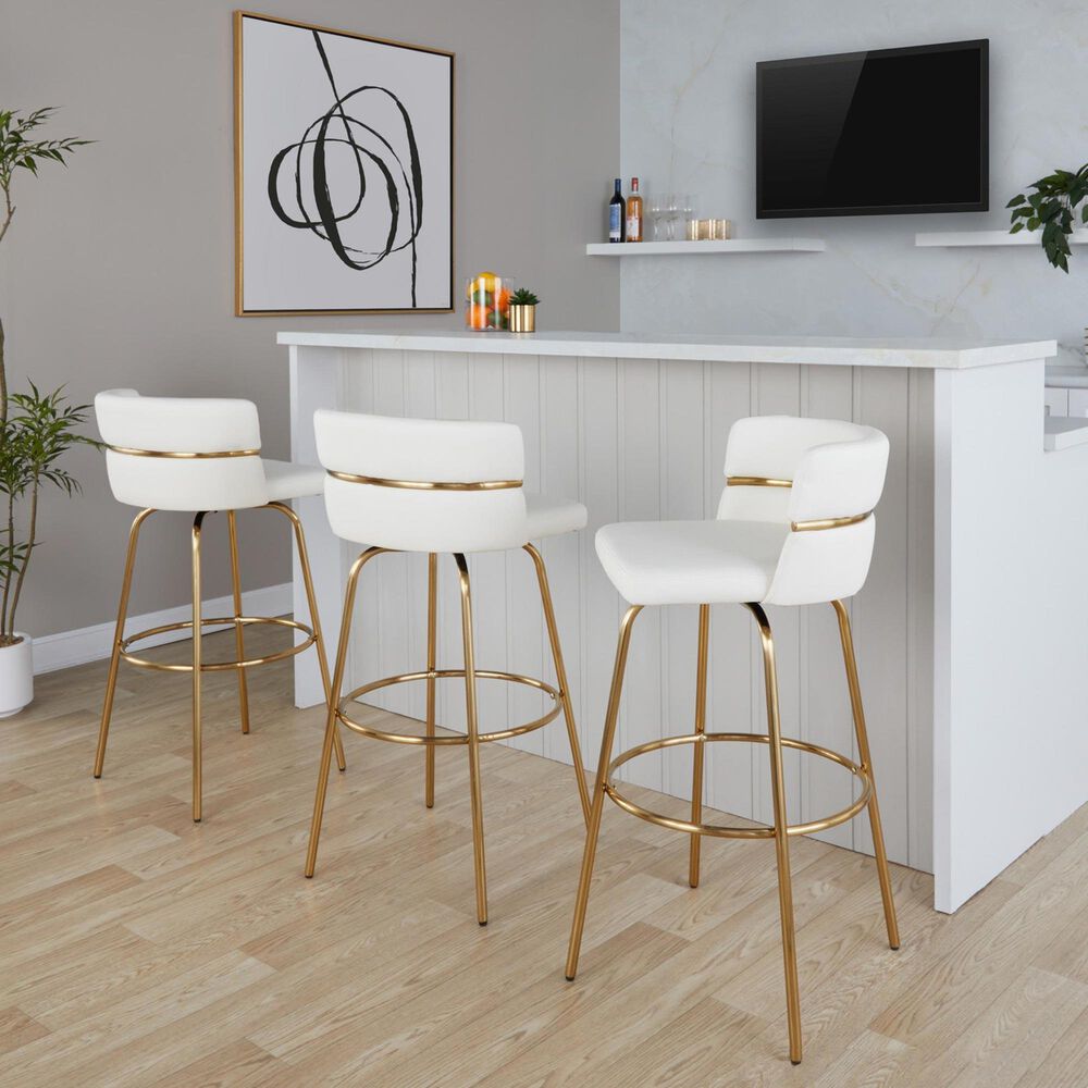 LumiSource Cinch 30" Swivel Barstool with White Upholstery in Gold (Set of 2), , large