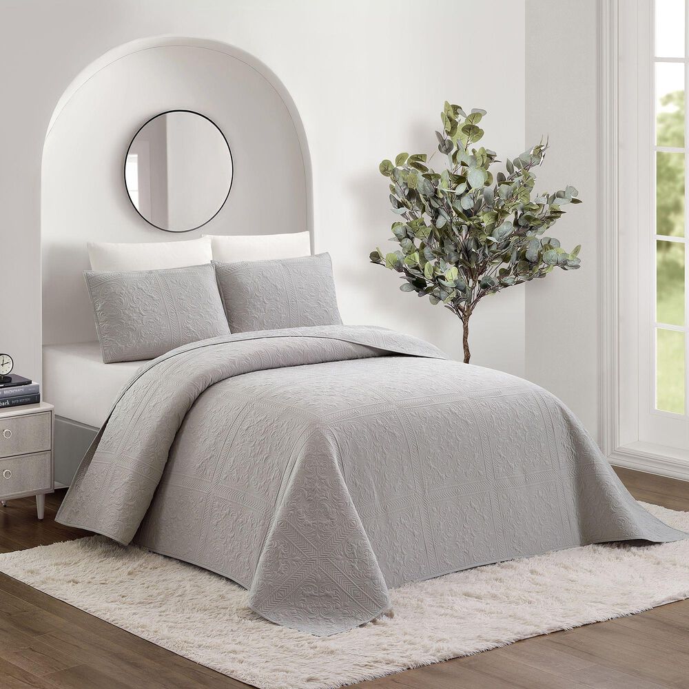 Peking Handicraft Solid Stitch 3-Piece King Bedspread Set in Grey, , large