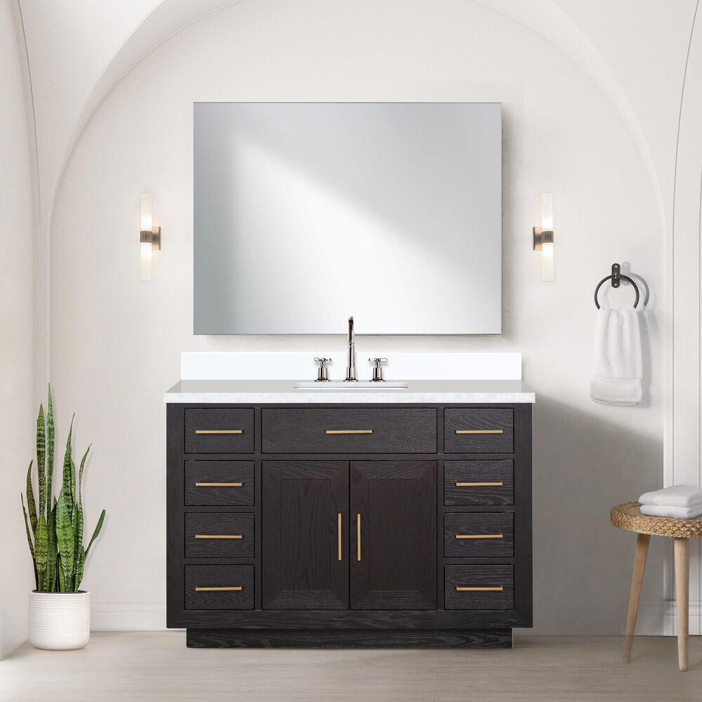Lexora Home Abbey 48&quot; Single Bathroom Vanity in Black Oak with 2 cm White Quartz Top and Rectangular Sink, , large