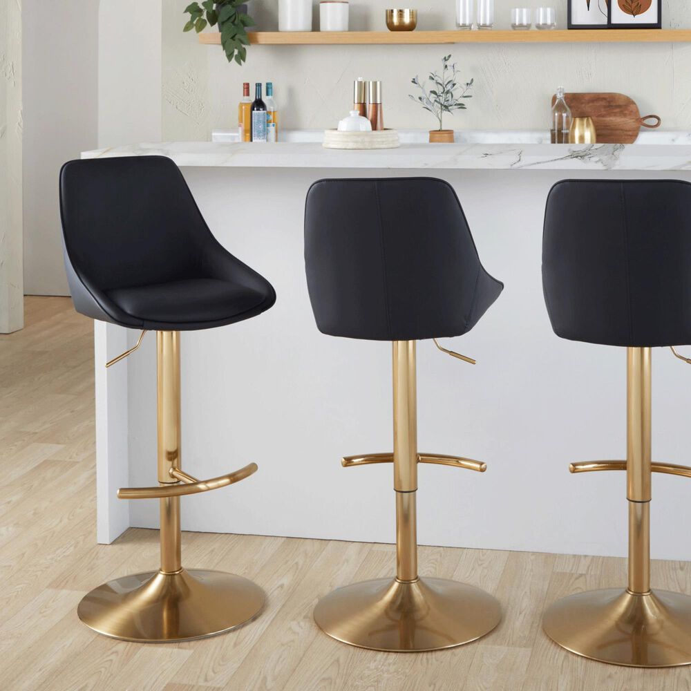 LumiSource Diana Adjustable Barstool with Black Faux Leather Upholstery in Gold (Set of 2), , large