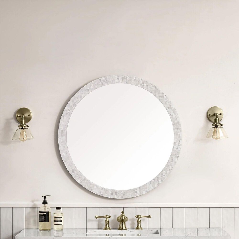 James Martin Vanities Callie 30&quot; Round Mirror in White Mother of Pearl, , large