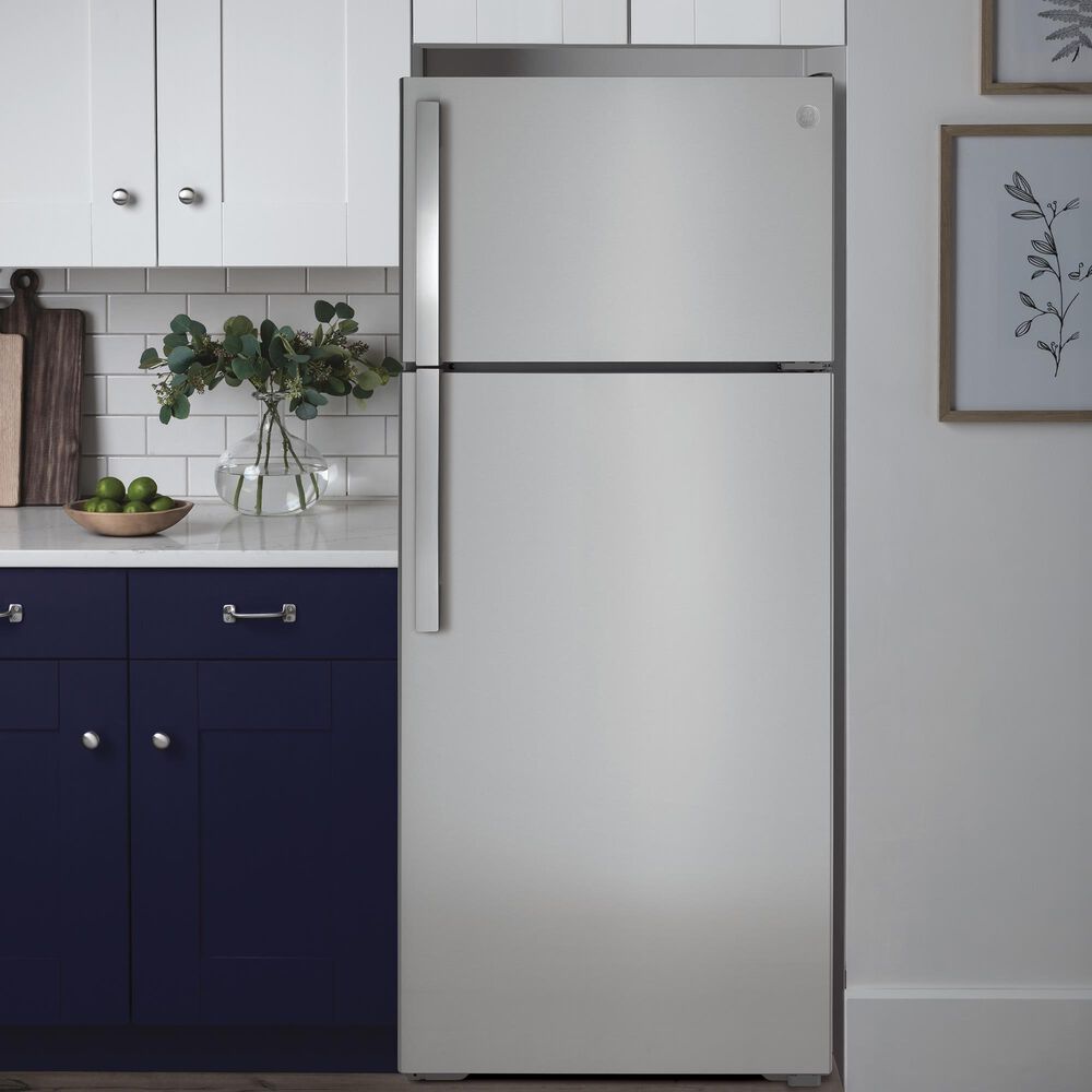 GE Appliances 17.5 Cu. Ft. Freestanding Top Freezer Refrigerator in Stainless Steel, , large