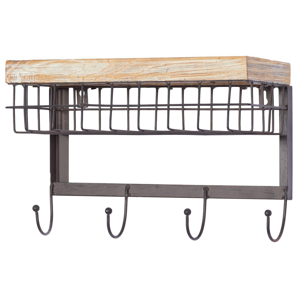 Maple and Jade Farmhouse Metal Wall Shelf with Hooks in Brown, , large
