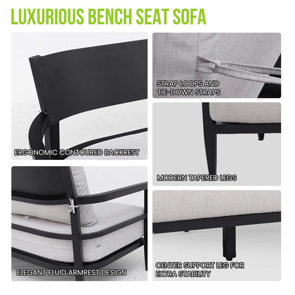 Hearth and Haven Modern Outdoor Bench Sofa with Cast Silver Cushion in Ember Black, , large