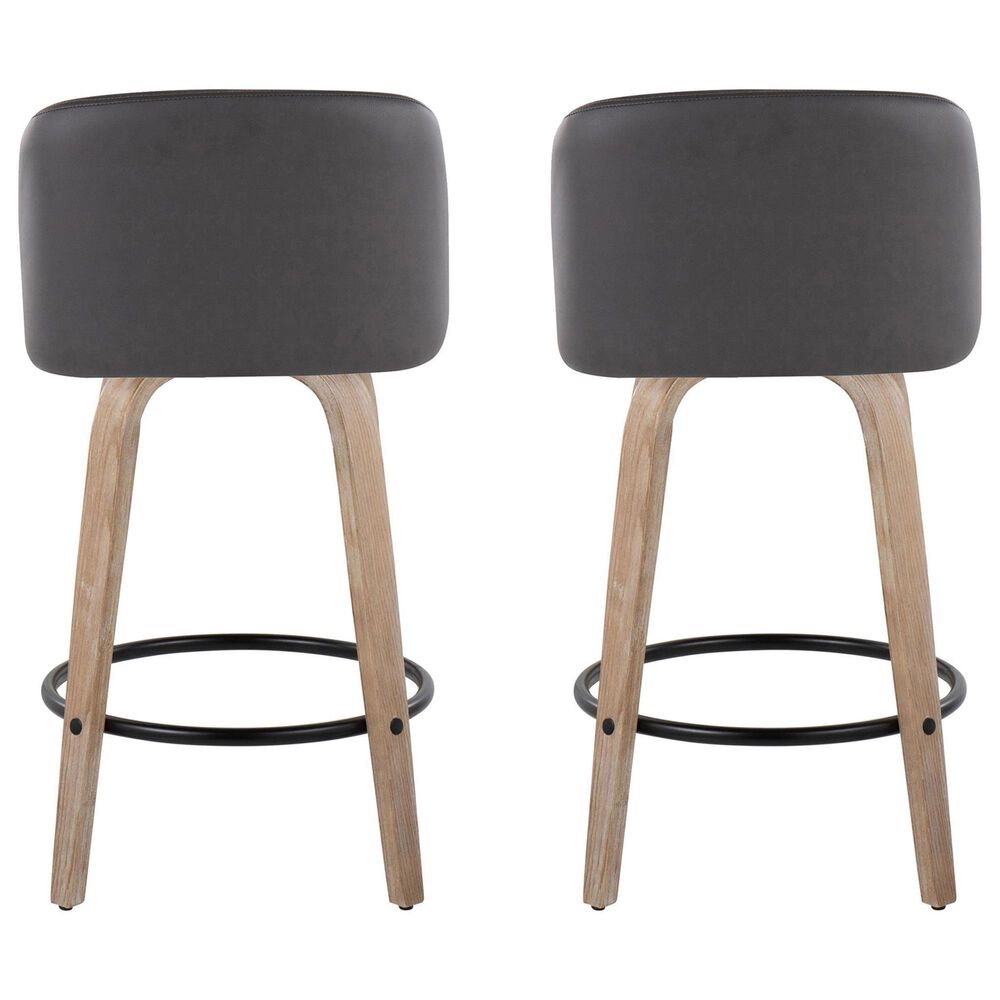 LumiSource Toriano Swivel Counter Stool with Grey Faux Leather Upholstery in Whitewashed and Black (Set of 2), , large