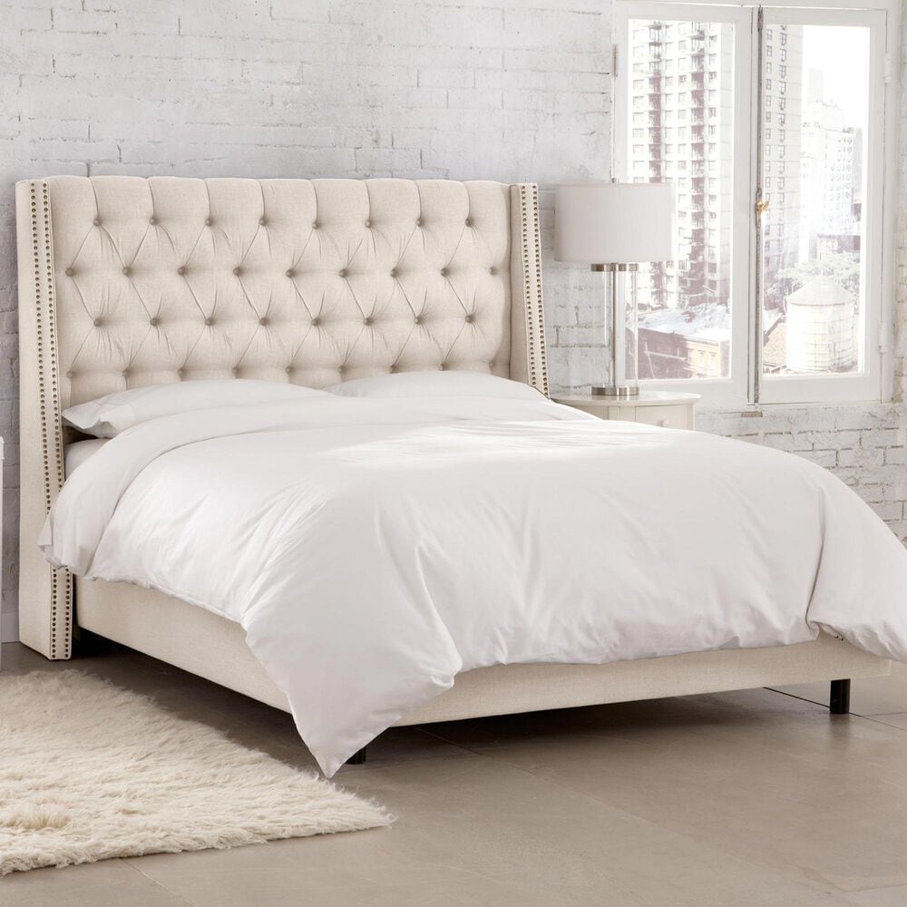 Skyline Furniture King Nail Button Tufted Wingback Bed in Linen Talc, , large