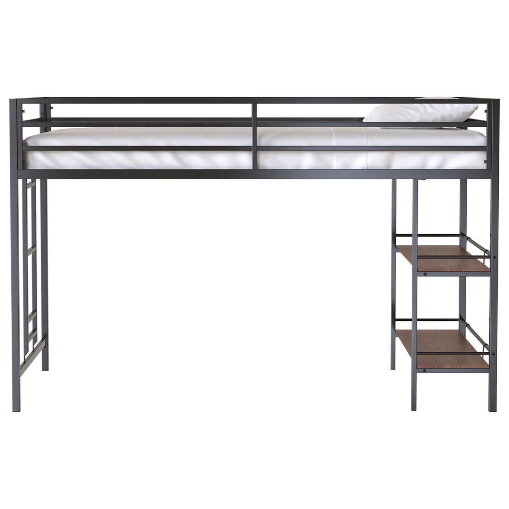 Hearth and Haven Adam Twin Loft Bunk Bed with Cinnamon Wood Shelf in Black, , large