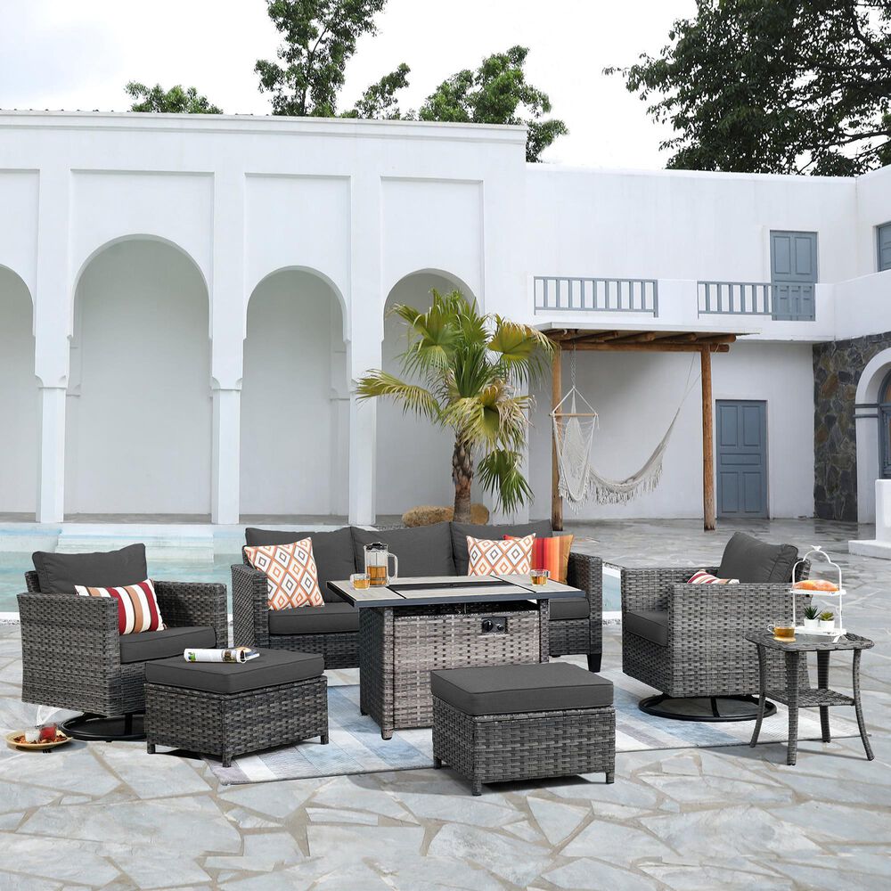 HOMLUX 7-Piece Patio Conversation Set with Rocking Chairs and Fire Pit Table in Black, , large