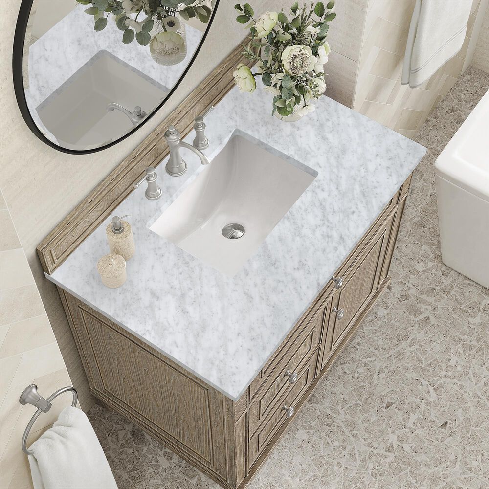 James Martin Vanities Lorelai 36&quot; Single Vanity in Whitewashed Oak with 3 cm Carrara White Marble Top, , large