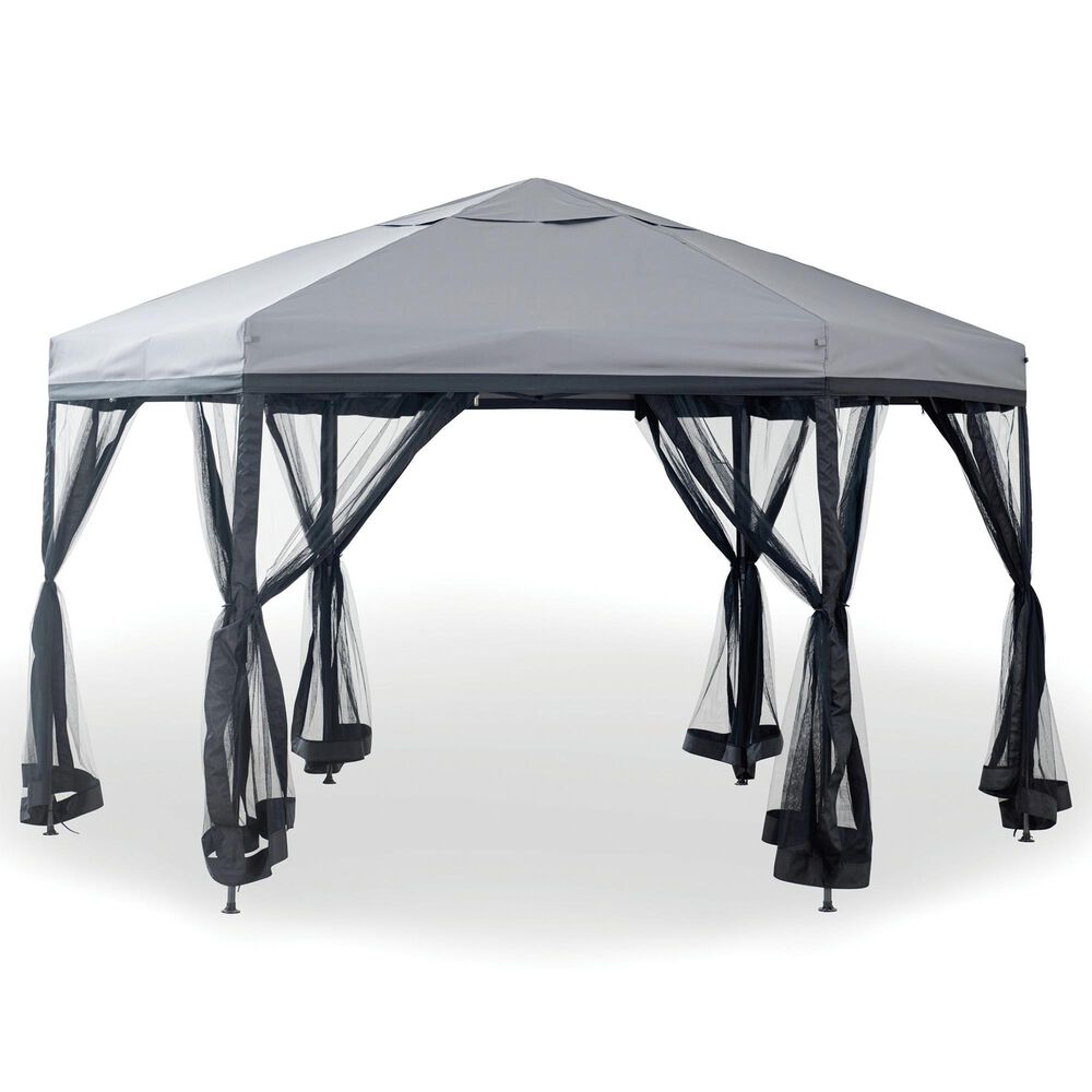 Furniture of America Soley 11" Hexagon Patio Gazebo with Around Netting in Gray, , large
