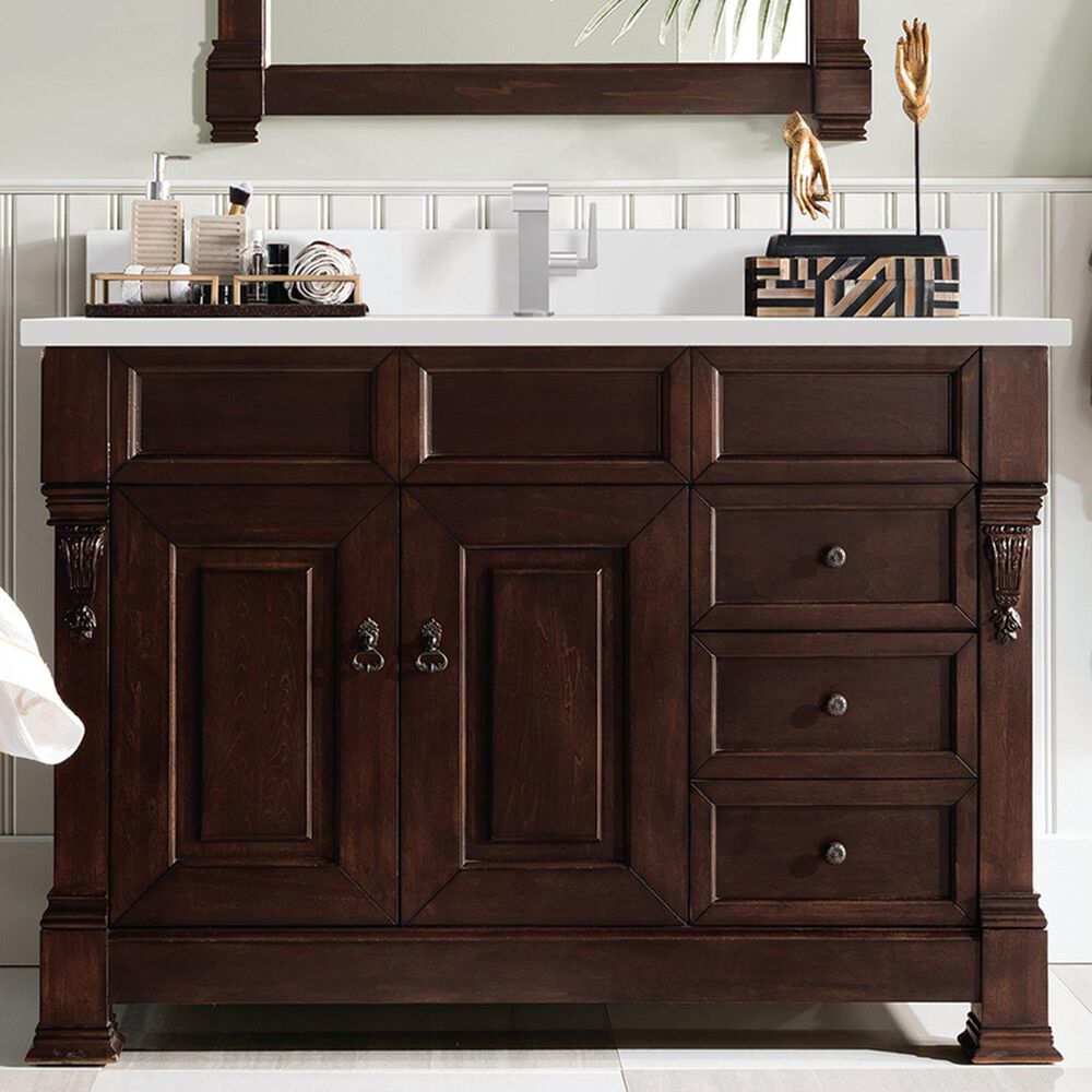 James Martin Vanities Brookfield 48" Single Bathroom Vanity in Burnished Mahogany with Single Hole 3 cm White Zeus Quartz Top and Rectangular Sink, , large