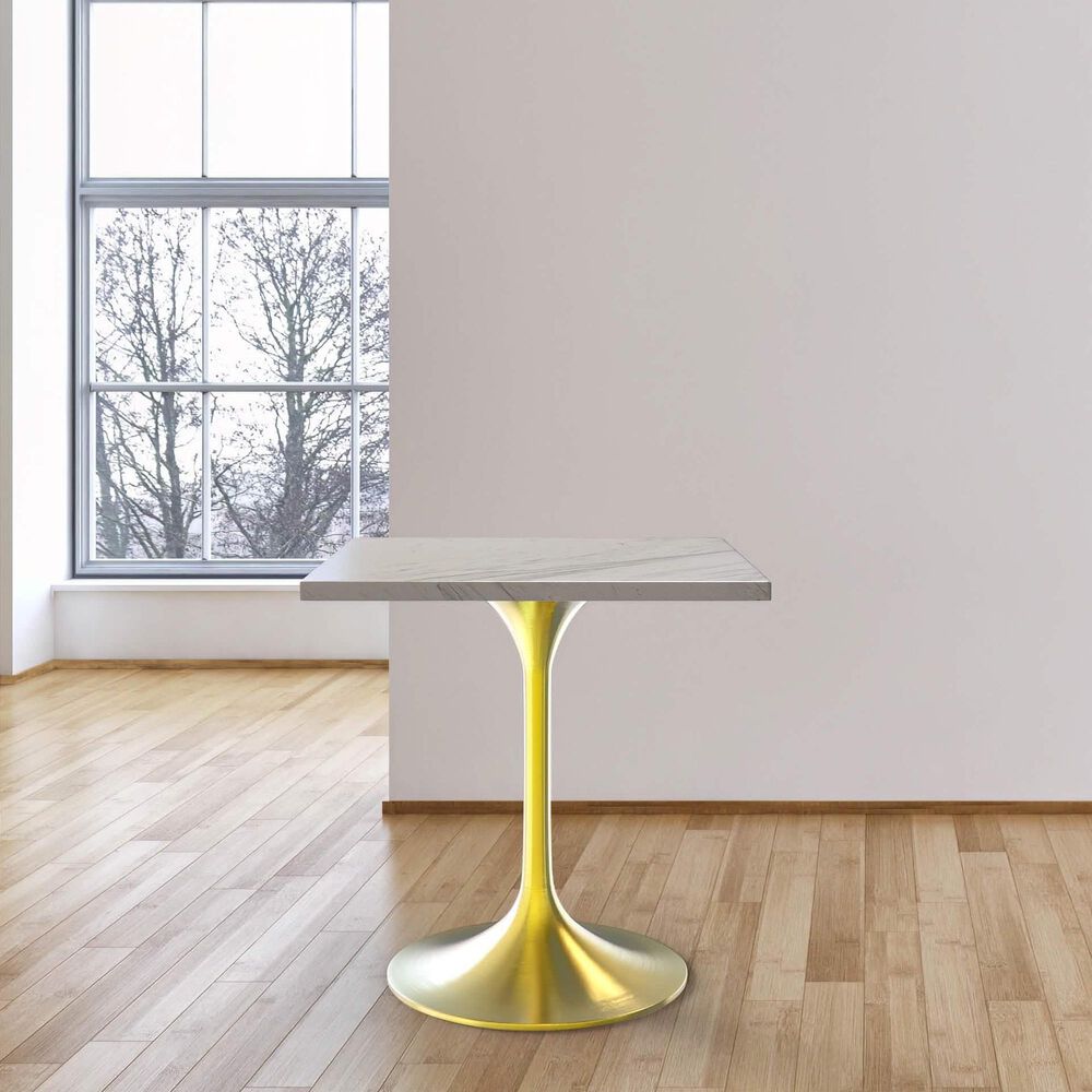 Leisuremod LeisureMod Verve Collection 27 Square Dining Table, Brushed Gold Base with Laminated White Marbleized Top, , large