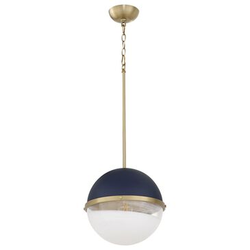 Quorum 1-Light Pendant in Aged Brass and Milk Glass Sphere Blue, , large