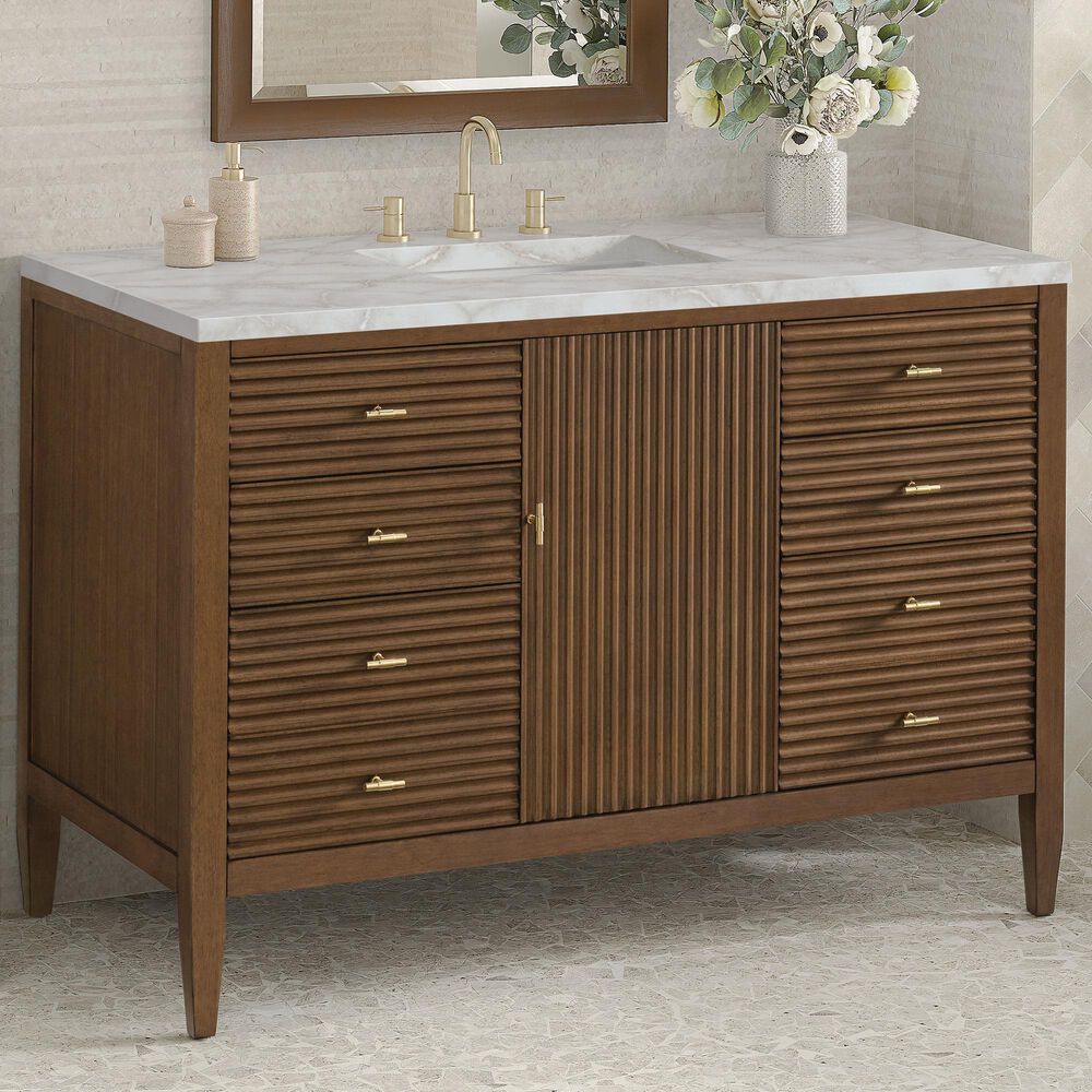 James Martin Vanities Myrrin 48" Single Bathroom Vanity in Mid-Century Walnut with 3 cm Eternal Jasmine Pearl Silestone Top, Rectangular Sink and FreePower Wireless Charger, , large