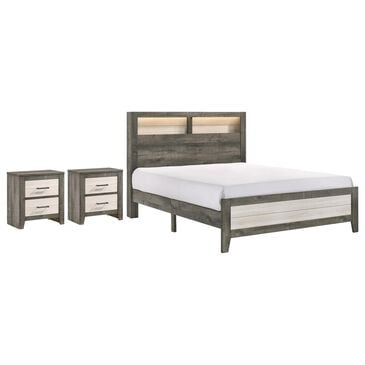 Crown Mark Rhett 3-Piece Queen Platform Bedroom Set with Two Nightstands in Gray and White, , large