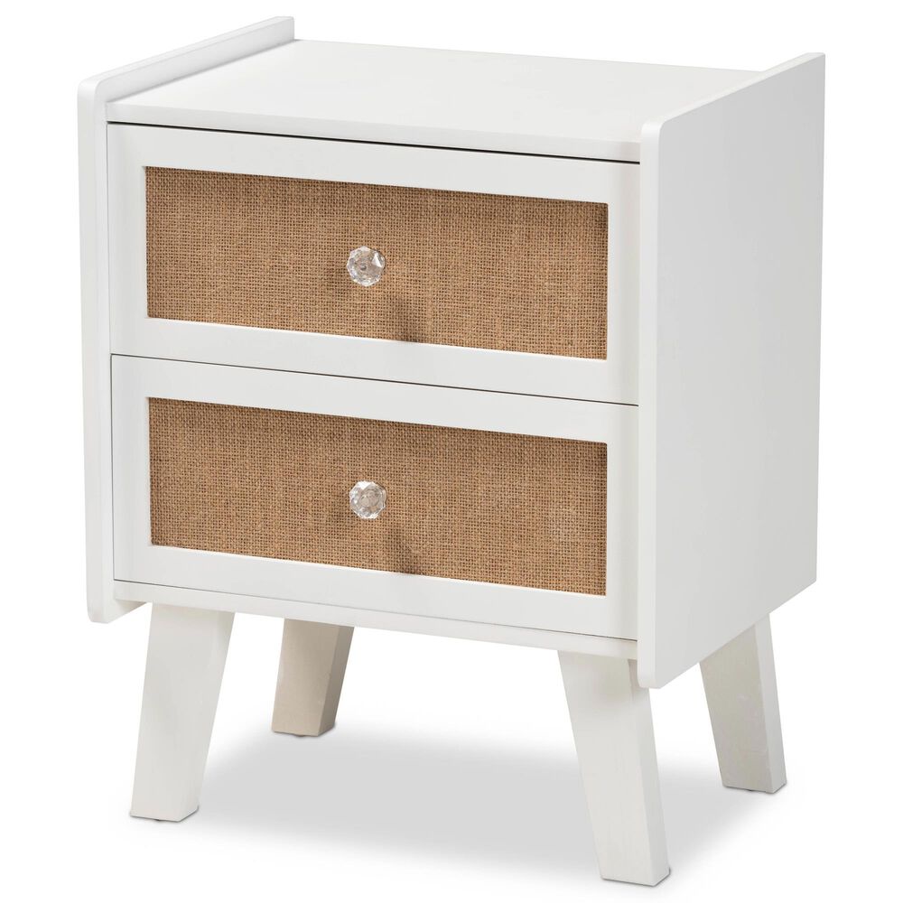 Baxton Studio Balta 2 Drawer Nightstand with Oak Brown Rattan in White, , large