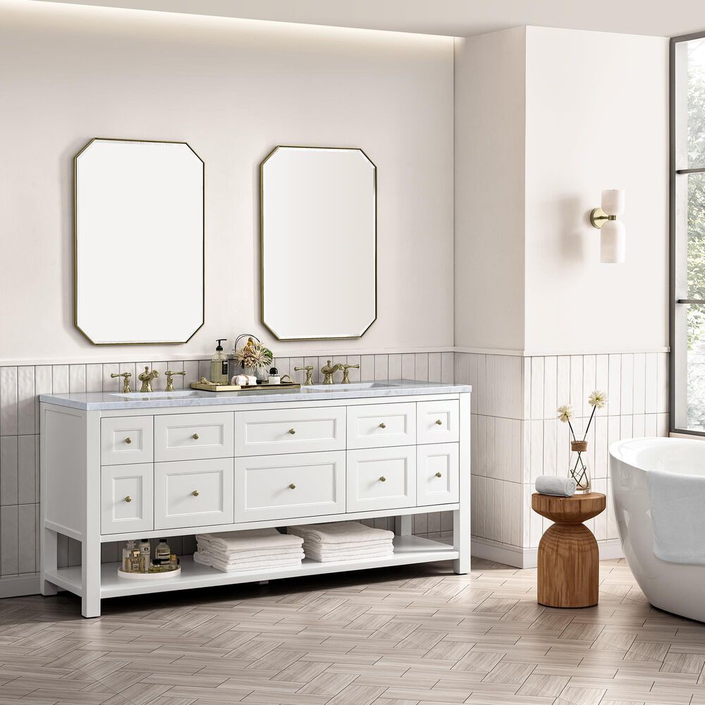 James Martin Vanities Breckenridge 72&quot; Double Bathroom Vanity in Bright White with 3 cm Carrara White Marble Top and Rectangular Sinks, , large