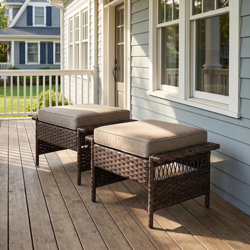 Sunwell Garden Outdoor Ottoman with Gray Cushion in Brown (Set of 2), , large