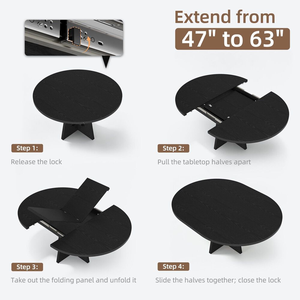 GARVEE 47" Round Dining Table with Extendable and Durable Metal Frame in Embossed Black - Table Only, , large
