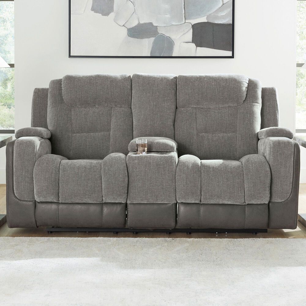 Ashley Mixed Motion Power Reclining Loveseat with Console in Shadow, , large