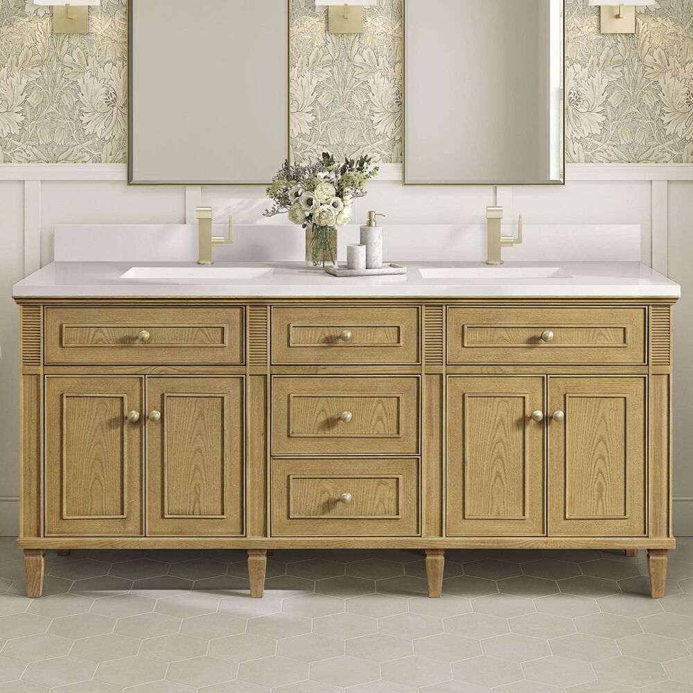 James Martin Vanities Lorelai 72&quot; Double Vanity in Light Natural Oak with Single Hole and 3 cm White Zeus Quartz Top &amp; Backsplash, , large