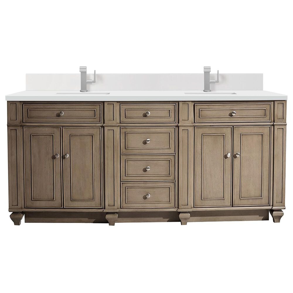 James Martin Vanities Bristol 72" Double Bathroom Vanity in Whitewashed Walnut with Single Hole 3 cm White Zeus Quartz Top and Rectangular Sinks, , large
