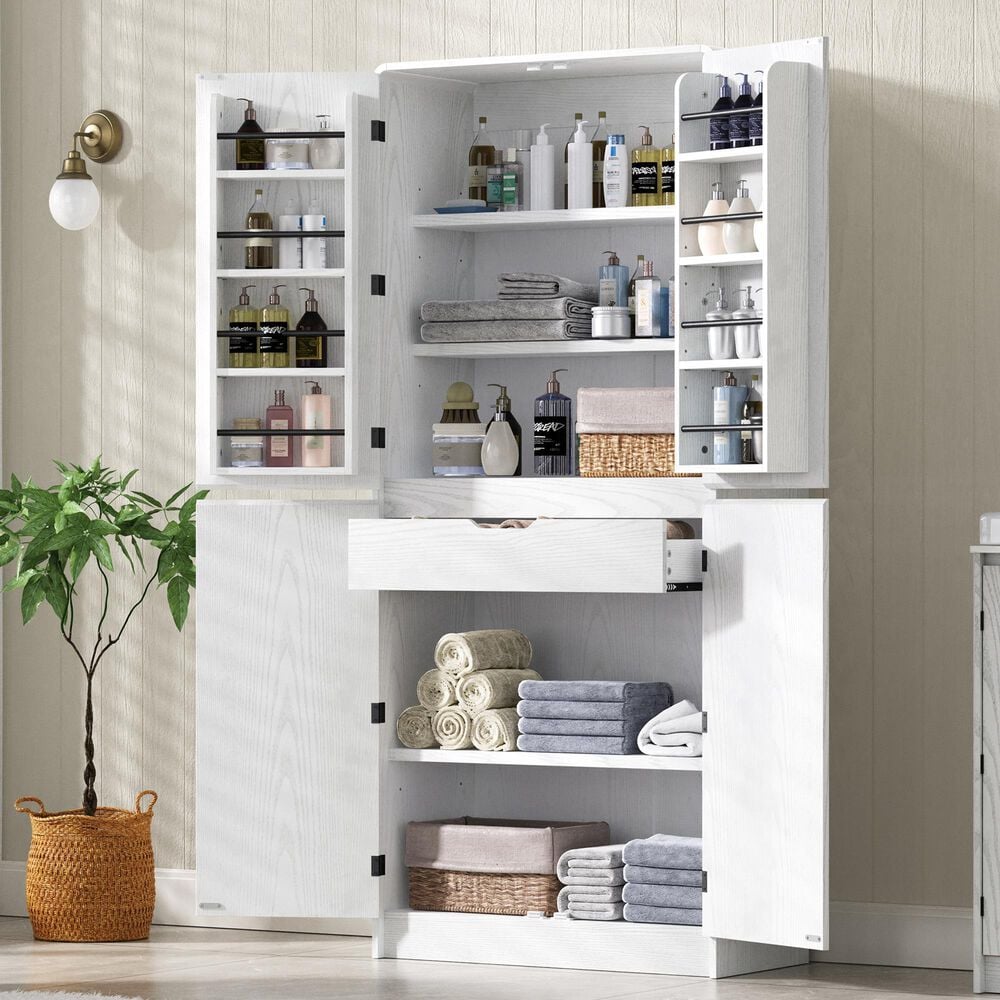 HOMLUX HOMLUX 72" Tall Farmhouse Kitchen Pantry Cabinet with 8 Door Shelves, Curved Design Storage Cabinet with 3 Adjustable Shelves, Hidden Drawer, Versatile Cupboard for Kitchen, Dining &amp; Bathroom, White, , large