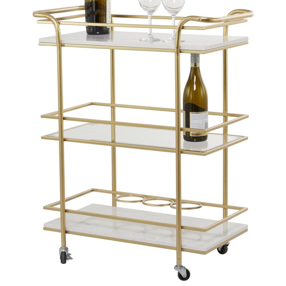 Maple and Jade 3-Shelf Bar Cart with Handle in Satin Gold and White Marble, , large